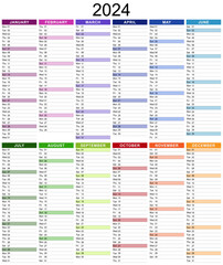 Mod&egrave;le de calendrier 2024 pour agenda, organiseur ou planificateur avec textes en anglais - Textes vectoris&eacute;s et non vectoris&eacute;s sur calques s&eacute;par&eacute;s