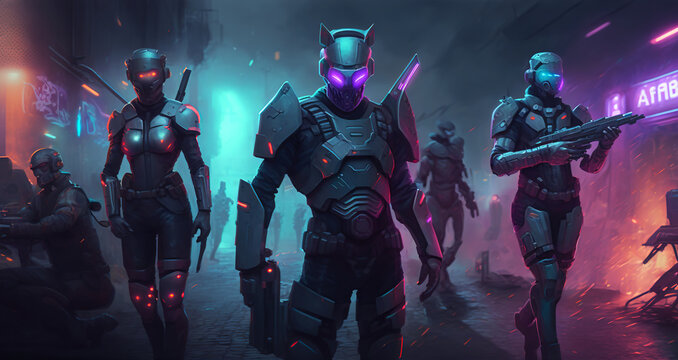 Fototapeta  hero, game character, cyberpunk, team of heroes fighting invasion
