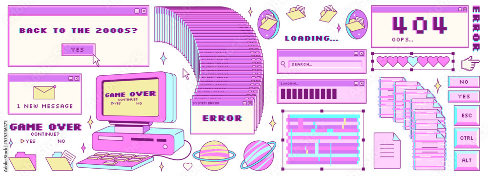 Poster big sticker set in trendy y2k style. old computer aestethic. retro pc elements, user interface. nost