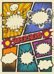 Pop art comics book magazine, speech bubble, balloon, box message. Super hero - Comic book style word on colorful background. Vector illustration. Retro pop art comics book magazine, speech bubble.