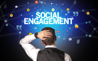 Rear view of a businessman, social media concept