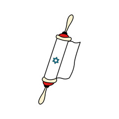 Purim scroll with star of David template. Traditional jewish symbol Book of Esther. Outline icon isolated on white background. Hand drawn doodle vector illustration.