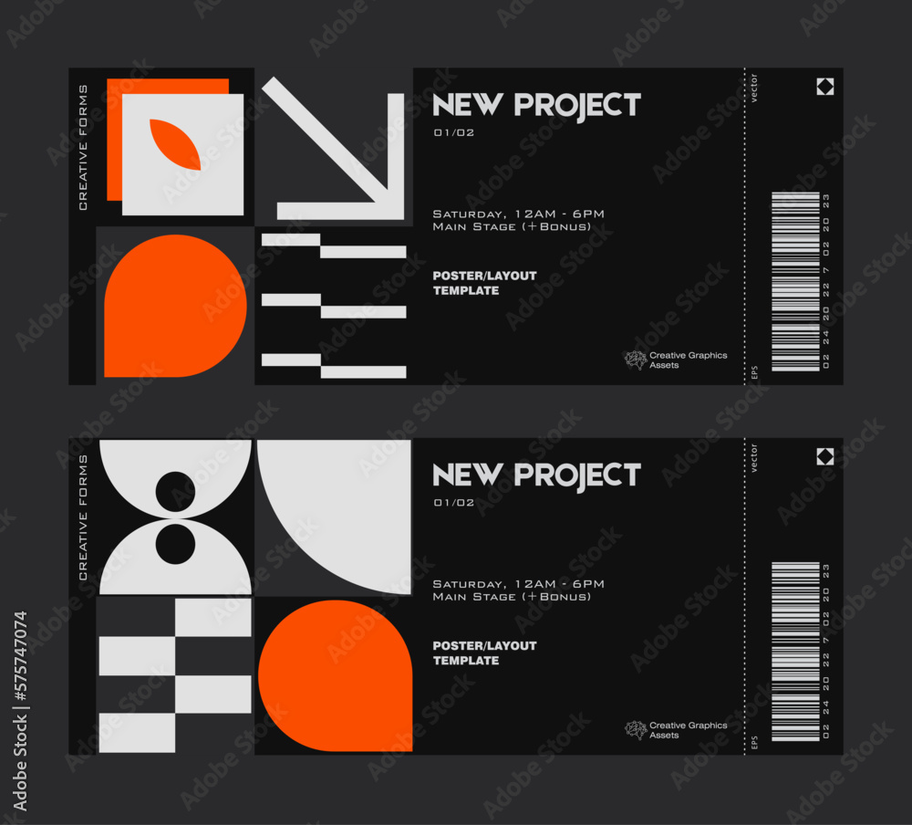 Poster ticket vector template layout with abstract vector geometric shapes. brutalism inspired graphics. gr