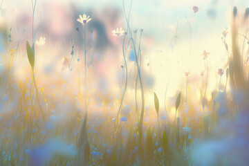Abstract artistic landscape, field of flowers, soft light colors, sunny day, Generative Ai