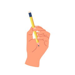 Human Hand Holding Pencil With Graphite Tip And Eraser Cap. Concept Of Writing, Back To School, Fingers Gripping Pencil