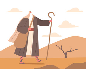 Biblical Moses Stands Tall In Desert Holding Staff Symbolizing Divine Guidance And Leadership For People On Journey