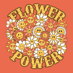 Retro Poster with slogan Flower Power. Groovy daisy flowers with smiling faces on red background. Vector illustration in trendy retro style for t-shirt print, textile, clothes and poster design. 