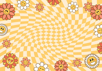 Retro Flower power banner with copy space for text. Groovy funny daisy flowers  on yellow checkered background. Trendy hippie 70s style. Vector illustration for textile, poster design. - obrazy, fototapety, plakaty