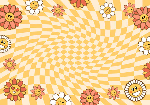 Retro Flower power banner with copy space for text. Groovy funny daisy flowers  on yellow checkered background. Trendy hippie 70s style. Vector illustration for textile, poster design.