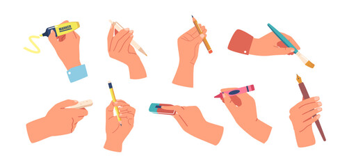 Set Of Human Hands Holding Various Writing Tools Such As Pencil, Pen, Crayon Or Marker, Quill Pen, Brush Or Eraser