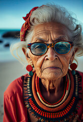 Elderly Native American woman in sunglasses, Generative AI