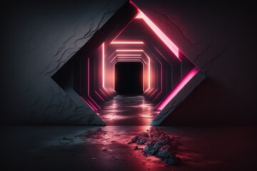 Pink Neon Light in Tunnel Stone Background. Generative AI.