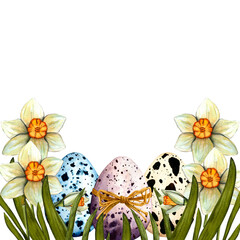 Watercolor border easter with daffodil and colored eggs. Spring hand drawn illustration isolated on white background.