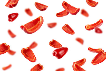 Falling sweet Pepper slice, Paprika, isolated on white background, selective focus