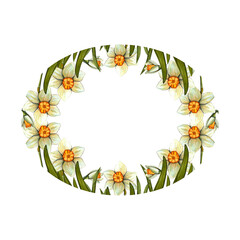 Watercolor frame easter with daffodil. Spring floral illustration isolated on white background.