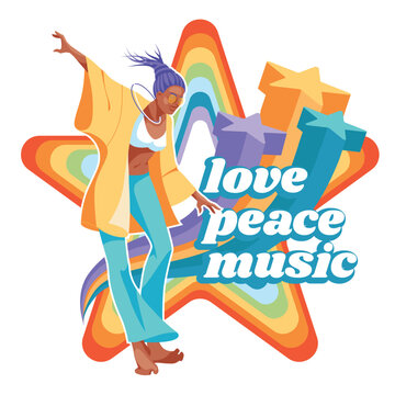 hippie girl dancing on the background of rainbow stars. Groovy, love, peace lifestyle concept. Isolated on white background. Vector flat illustration