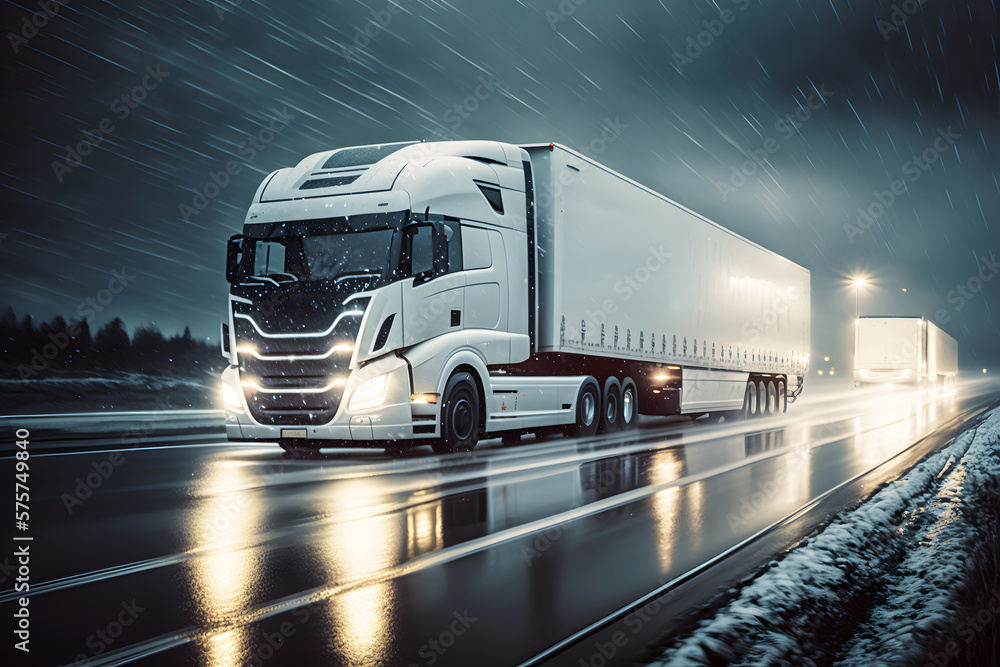 Poster White big rig long haul semi truck with turned on headlights, transporting commercial cargo, driving at high speed at night, in raining weather. AI generative