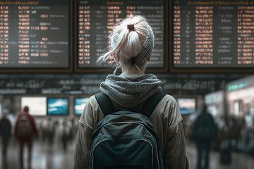 Female tourist carry a backpack looking at flight schedules for checking take off time. Single woman travel or backpacker theme. Back view portrait. AI generative