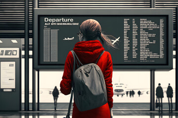 Female tourist with red jacket carry a backpack looking at flight schedules for checking take off time. Single woman travel or backpacker theme. Back view portrait. AI generative - obrazy, fototapety, plakaty