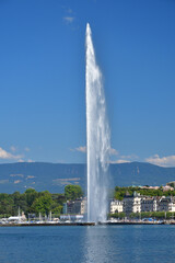 Switzerland, Geneva. Jet d'Eau (Water-Jet) on Lake Geneva. August 16, 2022.