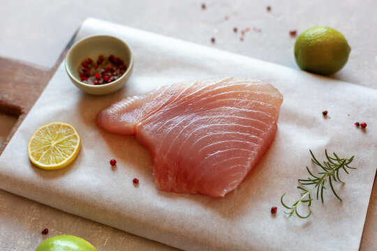 Cooking of raw piece of tuna albacore