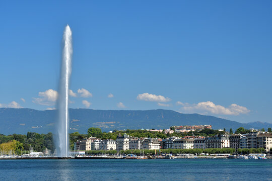 Switzerland, Geneva. Jet d'Eau (Water-Jet) on Lake Geneva. August 16, 2022.