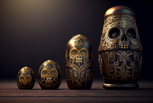 day of the dead themed nesting dolls, russian nesting dolls, Mexican Mayan Incan, generative ai