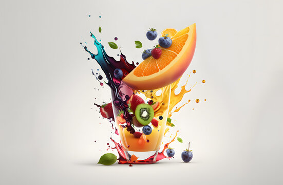 Colorful juice splash. Glass with splashes of juice. Explosion of juice and fruits. Promotional themes.. Advertising background with copyspace.. Created with generative AI technologies.