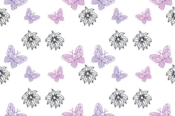 Pink and Purple Butterflies with Black Petals. Vintage spring seamless pattern vector art.