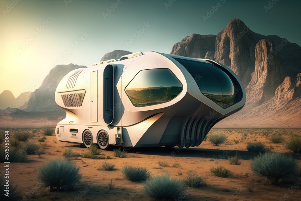 Poster a glimpse into the future: luxurious traveling with a futuristic camper generative ai