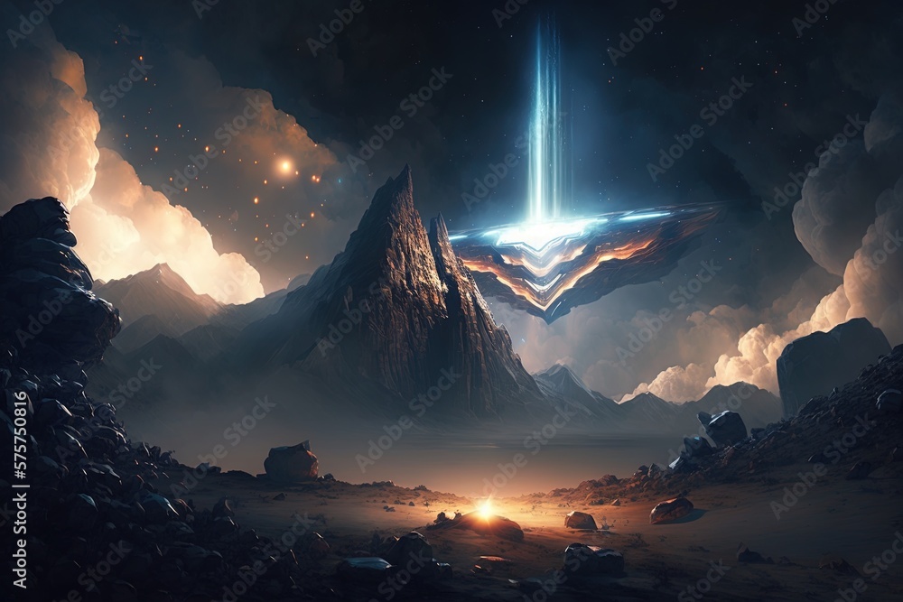 Poster a glimpse of the beacons in the sky: illuminating a futuristic heaven generative ai