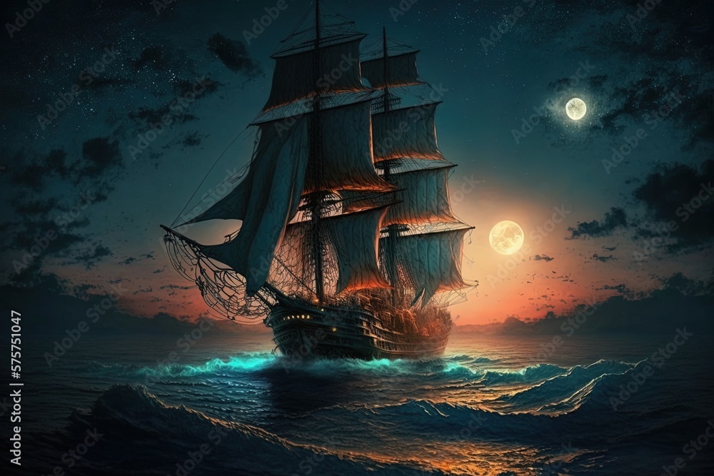 Poster an exciting adventure awaits shinning on the open sea: the glorious ridied of the swiftly sailing fl