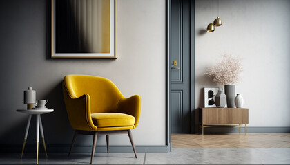 Luxury living room mockup, bright interior mock up with yellow armchair on an gray background and decorations, Generative AI