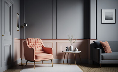 Modern classic interior with paneling, pink chair, wood floor and coffee table with decorations, Generative AI