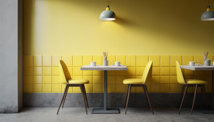 Stylish yellow interior cafe with modern furniture, Generative AI