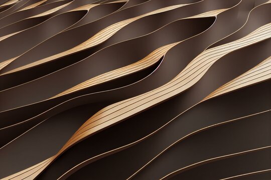 Abstract Of Wooden Pattern, Twisted Shape, Architecture Facade Details,Perspective Of Future Building Design, Parametric Wall. 3D Rendering. Generative AI