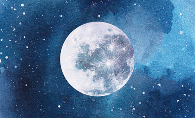 Abstract watercolor night sky with full moon illustration © WhataWin
