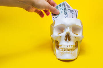 human skull head with money inside,mock-up of bones and bills of dollars,object,clean, put money...