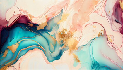 Natural luxury abstract fluid art painting in alcohol ink technique. Tender and dreamy wallpaper. Mixture of colors creating transparent waves and golden swirls. For posters, other printed materials