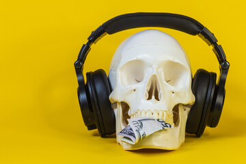 human skull in headphones and money,skeleton bone,headphones for listening music,object,funny,scary,listening to music stands on the surface of yellow background.concept music copyright infringement