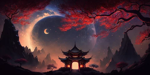 Wall murals Cappuccino fantasy landscape mountains, chinese japanese temple, generative ai, generative, ai