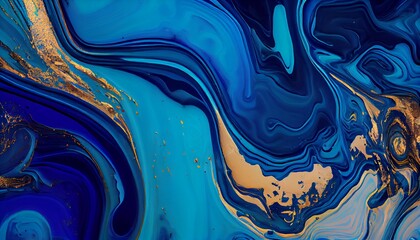 Hand painted background with mixed liquid blue and golden paints. Abstract fluid acrylic painting. Modern art. Marbled blue abstract background. Liquid marble pattern 