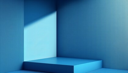 3D abstract blue background of an empty corner of the room with falling light from the window on the podium for presentations. Generative AI - obrazy, fototapety, plakaty