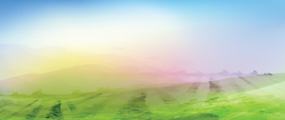Obraz na płótnie Canvas Tea fields landscape. Vector illustration of tea plantation with watercolor design elements.