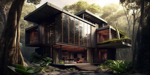 Modern house with panoramic windows on the jungle. Modern jungle house design. Modern architecture. jungle house. Generative AI.