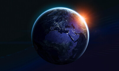 Blue planet Earth at night. Lights in cities. Sunlight at the dawn. Earth in deep dark space. Europe and Africa continent. Elements of this image furnished by NASA