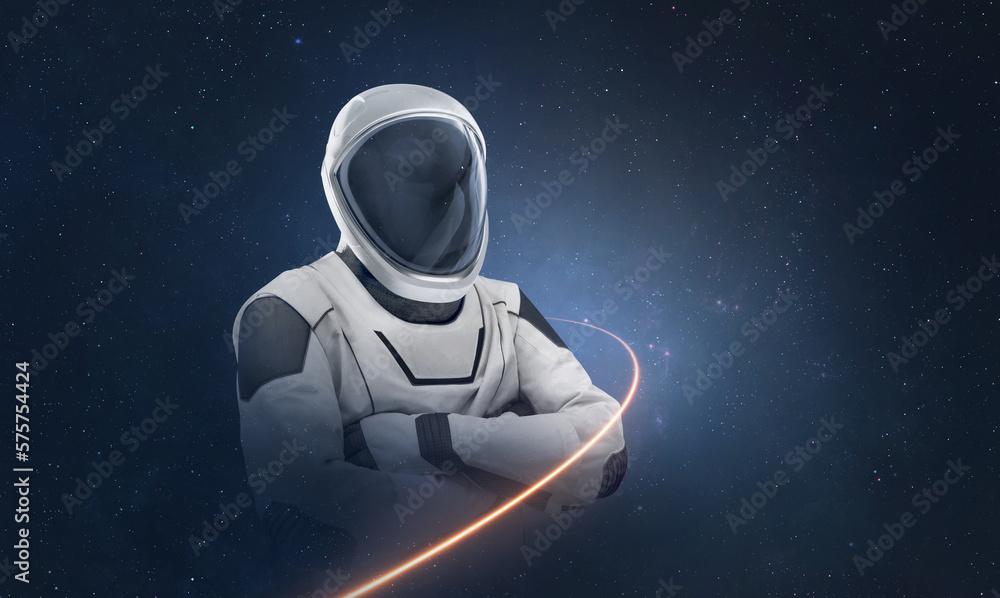 Aufkleber astronaut with light trail from spaceship on deep space background. spaceman with stars. elements of