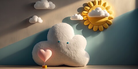 3D render pastel color room for children, felt sun and cloud children surreal minimalist room, webbanner