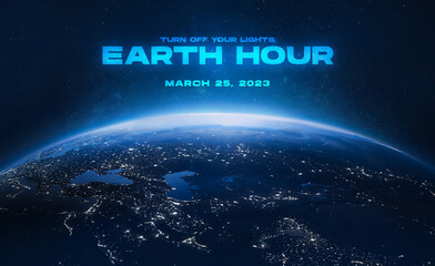 Earth hour 2023 event. Planet Earth surface in deep space. Turn off the lights. Save the environment. Elements of this image furnished by NASA