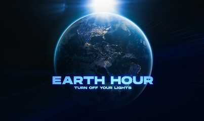 Earth hour 2024 event. Planet Earth with sunlight in dark space. Turn off the lights. Save the environment. Elements of this image furnished by NASA